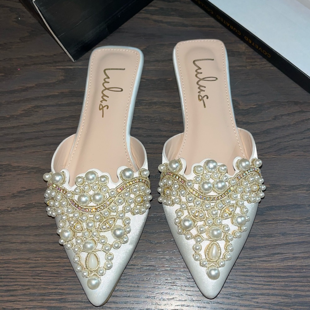 LuLu’s pearl embellished flat satin shoe